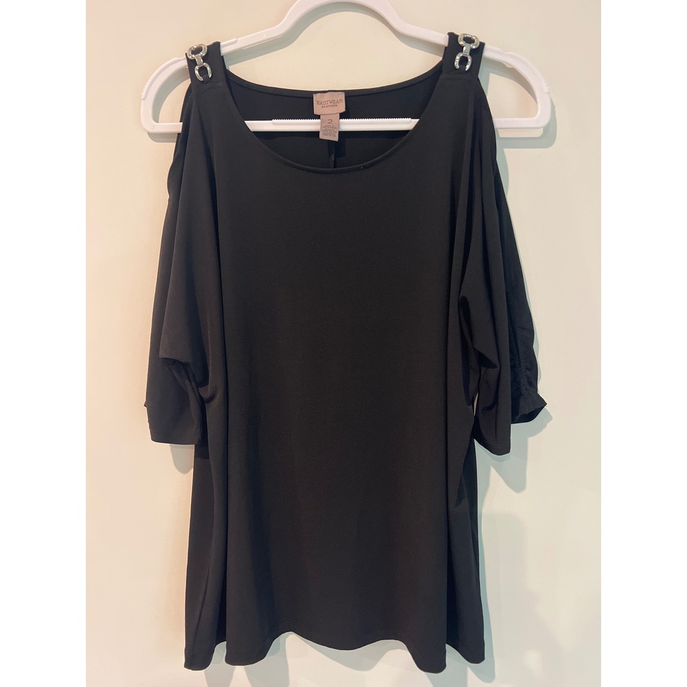 Easywear by Chico's Black Cold Shoulder Top Silver Hardware Ruched Sleeve Large